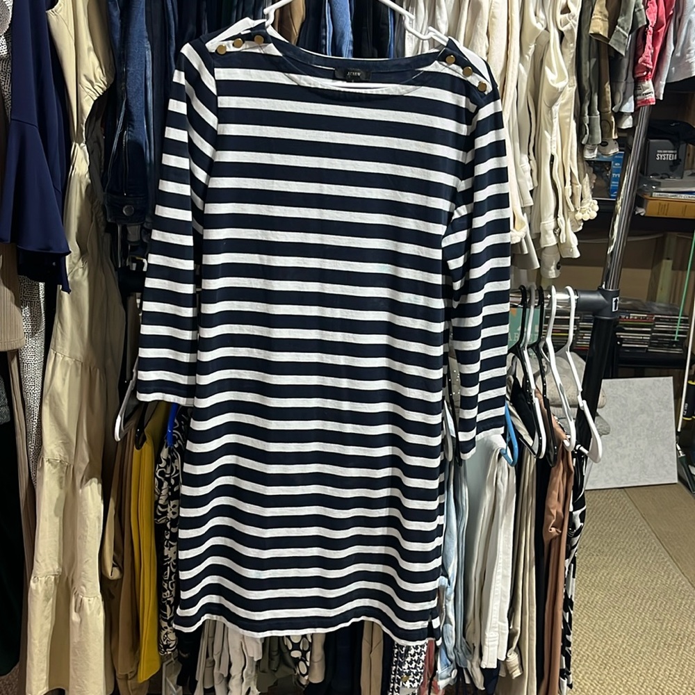 J. Crew navy and white striped dress with boatneck styling. Size S.
